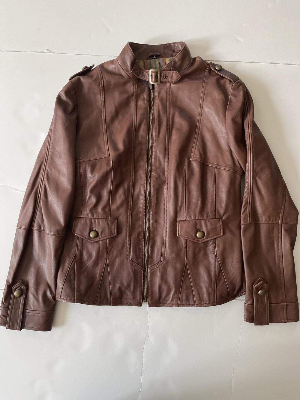 Adler Collection Jacket Womens L Brown Leather Moto Biker Zip Pockets Lined